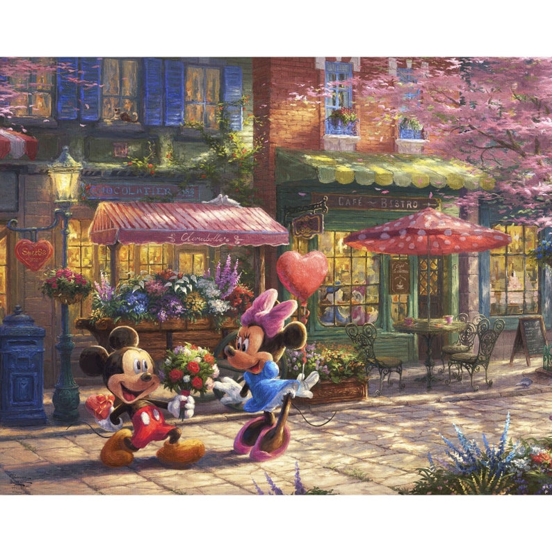 K&ouml;nnte beinhalten: Mickey Mouse und Minnie Mouse gehen eine Stra&szlig;e in einer europ&auml;ischen Stadt entlang. Mickey tr&auml;gt einen Strau&szlig; roter Rosen und Minnie h&auml;lt einen roten herzf&ouml;rmigen Ballon. Auf beiden Seiten der Stra&szlig;e befinden sich Gesch&auml;fte und Caf&eacute;s, und die Geb&auml;ude sind mit Blumen geschm&uuml;ckt. Die Szene ist in einem fantasievollen Stil gemalt, mit leuchtenden Farben und weichem Licht.