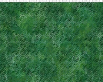 May include: A green fabric with a swirling pattern. The fabric has a subtle texture and a faded look.