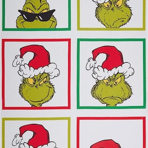 May include: A sheet of stickers featuring the Grinch in various expressions. The Grinch is depicted with a green face, wearing a red Santa hat with white trim. The words "MERRY GRINCHMAS!" are printed at the top.