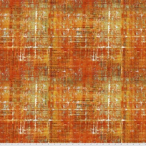 May include: A fabric featuring a distressed, textured pattern in shades of burnt orange, yellow, and white. The design includes repeating, faded French text and vintage document elements layered over a grid-like, weathered background surface.