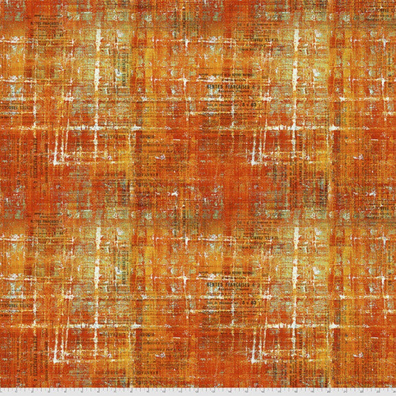 May include: A fabric featuring a distressed, textured pattern in shades of burnt orange, yellow, and white. The design includes repeating, faded French text and vintage document elements layered over a grid-like, weathered background surface.