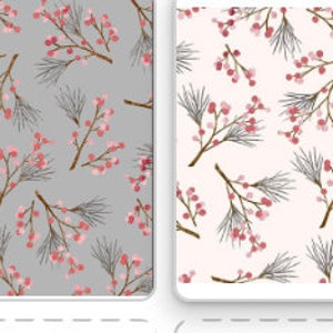 May include: Two seamless patterns featuring sprigs of pine with pink berries. The pattern on the left has a gray background and the pattern on the right has a white background.