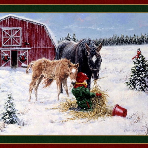 Winter Coats and Warm Hearts panel from MDG. Beautiful wintery scene with a boy feeding his horses.