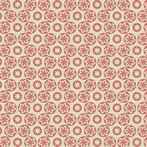 May include: A repeating pattern of red flowers and star shapes on a cream background. The flowers are in circles, and the stars are between the circles. This design could be used for fabric, wallpaper, or other decorative items.