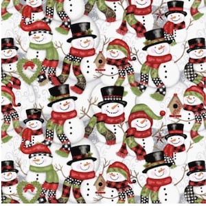 May include: A repeating pattern of snowmen with black top hats, red and green scarves, and carrot noses. Some snowmen hold birdhouses or wear hats. The background is a light gray with subtle floral designs, creating a festive winter theme.