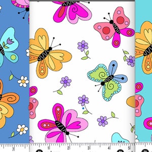 May include: Three fabric swatches with a repeating pattern of colorful butterflies and flowers. The swatches are blue, white, and light blue.