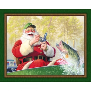 May include: Santa Claus, wearing a red suit and a green hat, is fishing from a boat. He is holding a fishing rod and reel in his hands. A largemouth bass is jumping out of the water behind him.