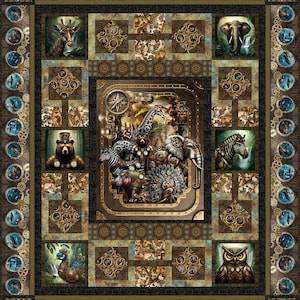 May include: A decorative quilt featuring a steampunk animal theme. The quilt showcases a central panel with a giraffe, zebra, elephant, and other animals adorned with gears. Surrounding panels feature a bear, owl, peacock, and other animals. The quilt has a brown and teal color scheme.