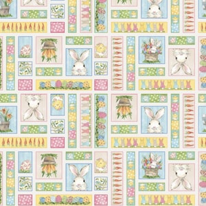 Puede incluir: Un patrón sin costuras que presenta una variedad de elementos de temática de Pascua, incluyendo conejos, huevos, zanahorias y flores. El patrón está sobre un fondo blanco y es perfecto para manualidades y decoración.