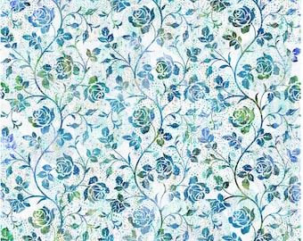 May include: A white background with a blue and green floral pattern. The pattern features roses, leaves, and vines. The background has a subtle speckled texture.