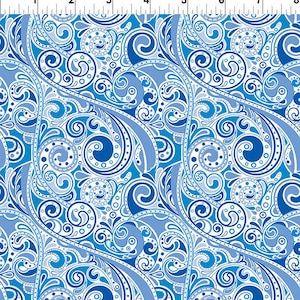 May include: A seamless pattern featuring a swirling paisley design in shades of blue and white. The pattern includes intricate details with curved lines, spirals, and teardrop shapes, creating a flowing, decorative textile design.