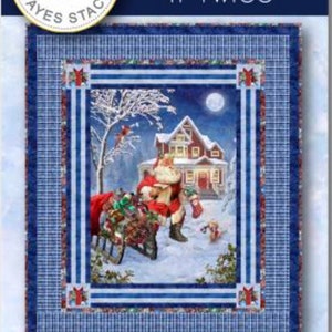 May include: A quilting pattern featuring a winter scene with Santa Claus delivering presents. The pattern is called "Checking It Twice" and is from the Needle in a Haystack collection by Hoffman Fabrics. The pattern measures 56 inches by 66 inches.