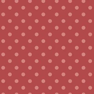 May include: A repeating pattern of light pink polka dots arranged in uniform rows against a solid dark red background. The circular dots are evenly spaced across the entire surface, creating a consistent and symmetrical geometric design.
