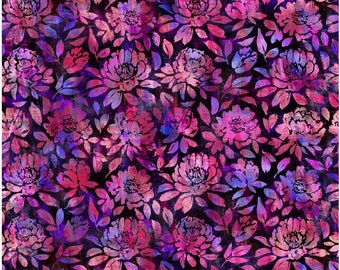 May include: A seamless pattern featuring pink and purple flowers with a dark background. The flowers are stylized and have a watercolor effect.