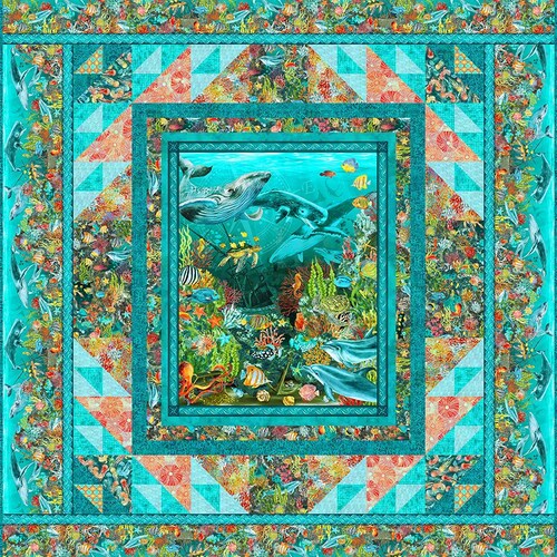 Kit to make a Calypso shops II quilt in Teal by Jason Yenter for In the Beginning.