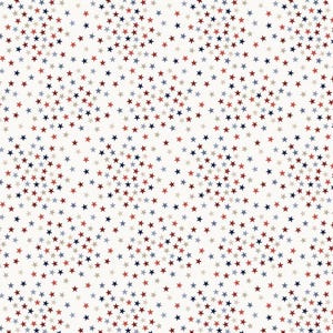 May include: A repeating pattern of small stars in shades of red, navy blue, and beige against a cream-colored background. The stars are scattered across the surface, creating a textured effect. The design is suitable for various applications.