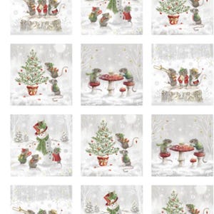 May include: White fabric with a repeating pattern of festive mice in winter scenes. The mice are dressed in holiday attire, interacting with snowmen, Christmas trees, and musical instruments. The words "RUNNING YARDAGE" are at the top.