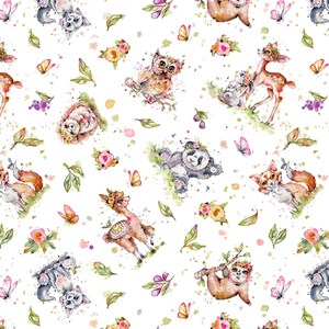 May include: A watercolor pattern featuring a variety of animals wearing flower crowns, including a panda, owl, deer, fox, llama, sloth, and a hedgehog. The animals are surrounded by flowers, leaves, and butterflies on a white background.