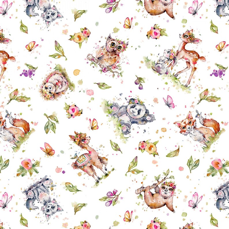 May include: A watercolor pattern featuring a variety of animals wearing flower crowns, including a panda, owl, deer, fox, llama, sloth, and a hedgehog. The animals are surrounded by flowers, leaves, and butterflies on a white background.