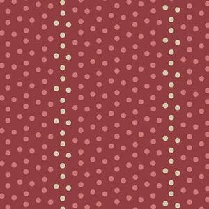 May include: A deep red fabric featuring a repeating pattern of small, light pink polka dots scattered across the surface, interspersed with two vertical columns of larger, cream-colored dots that run parallel from top to bottom.
