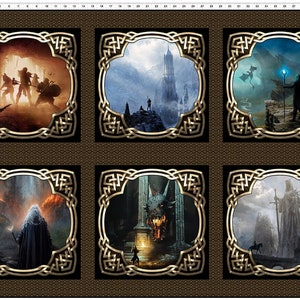 May include: Six square images with ornate gold frames on a brown background. Each image depicts a different scene from a fantasy world, including a group of warriors, a snowy mountain with a tower, a wizard with a staff, a hooded figure, a dragon, and a knight on horseback.