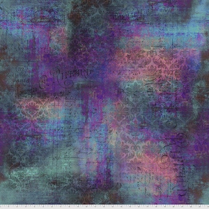 May include: A fabric featuring a distressed, mottled pattern in shades of deep purple, teal, and blue. The design includes a faint damask print, handwritten cursive script, and the text "Maison C. Riffard Paris" layered over the texture.