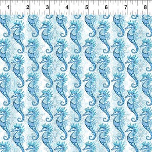 May include: A repeating pattern of blue seahorses on a white background. The seahorses are detailed with intricate designs and are arranged in rows and columns. The background has a subtle, light blue floral pattern.
