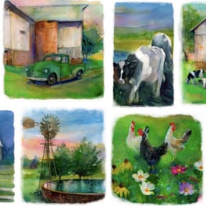 May include: A watercolor painting of a farm scene with a rooster, a barn, a truck, cows, chickens, and a windmill. The painting is divided into nine squares, each with a different scene.