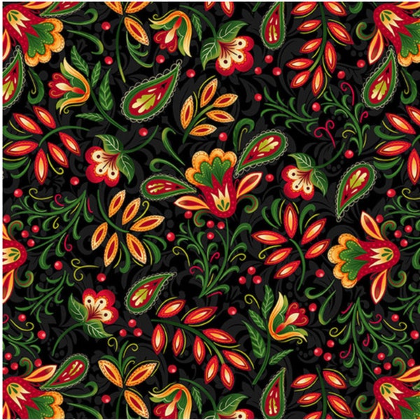 All Spruced Up Floral With Paisley by Satin Moon for Blank Quilting. Great fabric to inspire a holiday project 2765-99 Black