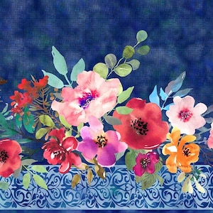 May include: A watercolor floral border design with pink, red, orange, and yellow flowers on a dark blue background. The border features a decorative blue and white scrollwork design.