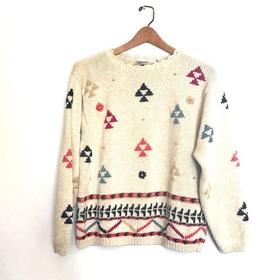 Vintage Sweater, Geometric Design, Tribal, Natural