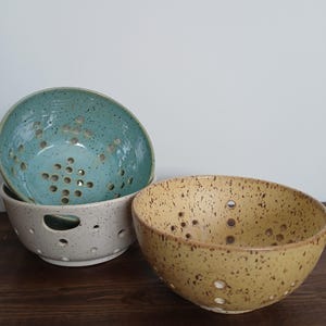 Handmade ceramic berry bowl, small colander strainer- white, turquoise or yellow