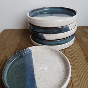 Handmade Ceramic side plates- 6" diameter - half dipped blue and white- each one unique.