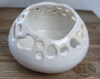 Small white round flower bud vase with built in flower frog for stems. Wide heart shaped opening. Gift for her.