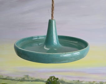 Handmade ceramic colorful bird feeder plate dish 8" diameter turquoise with carved bottom