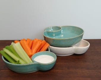 Chip and dip individual appetizer olive serving plate handmade pottery