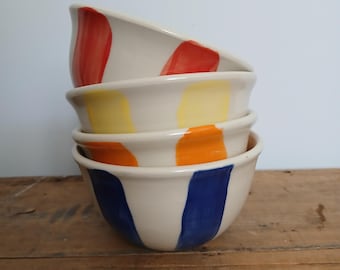 Colourful Small Striped Ice cream, snack, dipping bowls, sold individually, red, yellow, blue, or orange on white stoneware