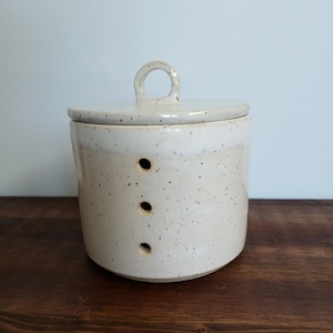 Ceramic garlic keeper, handmade pottery garlic cellar - white or blue jar with lid, modern kitchen storage