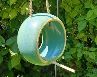 Ceramic handmade hanging bird feeder 6&quot; diameter turquoise. Outdoor garden decoration