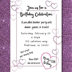 Birthday hearts, Loving Heart, slumber party, celebration invites, digital file for instant send or print