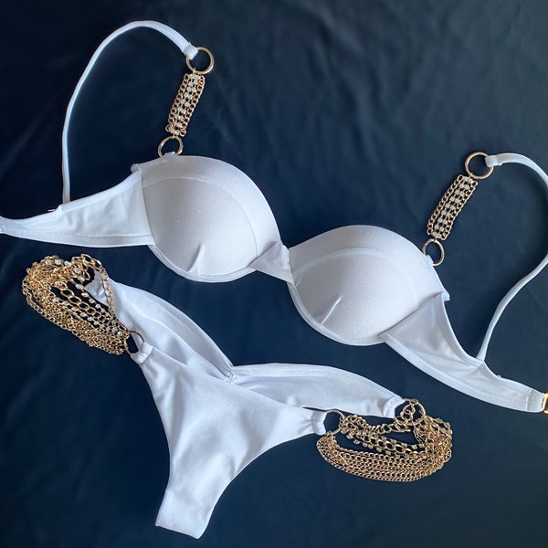 Bikini da sposa bianco push-up reggiseno con connettori in metallo oro strass // personalizzato