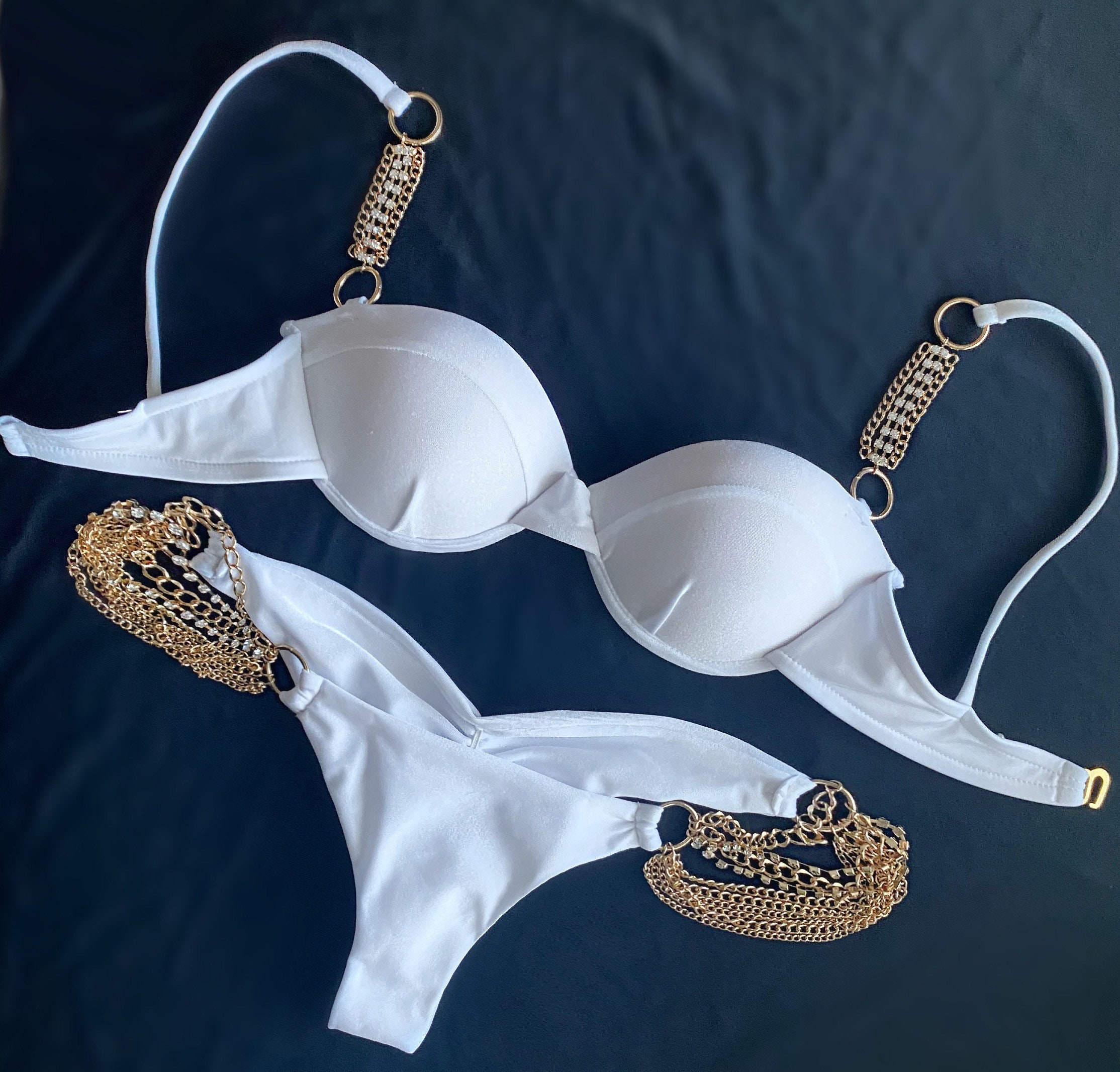 Bridal White Push-up Bra Bikini With Metal Gold Rhinestone Connectors //  Custom 