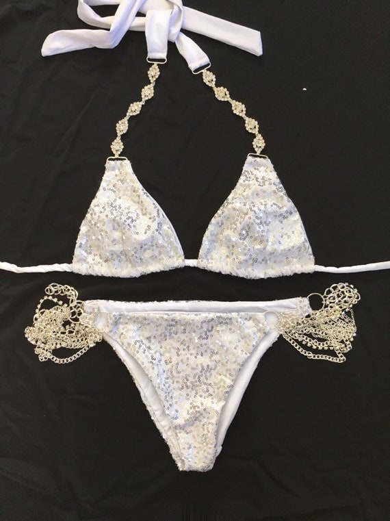 White Bridal Bikini With Silver Sequins and Rhinestone Etsy