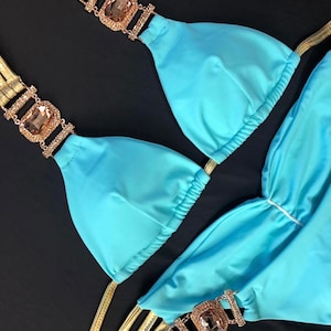Luxury Aqua Bikini Set with Rose Gold Rhinestone Connectors // Customizable