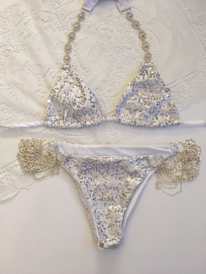 White Bridal Bikini With Silver Sequins and Rhinestone Etsy