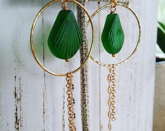 Clam Shell Sea Glass Hoop Earrings | Green Sea Glass Jewelry | Medium Hoop | Tropical | Gold Hoop | Dangle Earrings