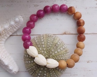 Pikake Beaded Bracelets | Pink Jade | Jasmine flower | Gemstone Beads | Stretchy Bracelet | Sandalwood