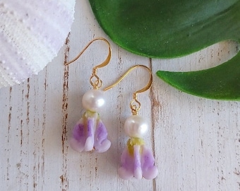 Crown Flower | Purple | Dangle | Small Flower Earrings | Hawaiian Flower Earrings | Gold | Silver