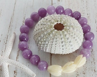 Pikake Beaded Bracelets | Purple Jade | Jasmine flower | Gemstone Beads | Stretchy Bracelet