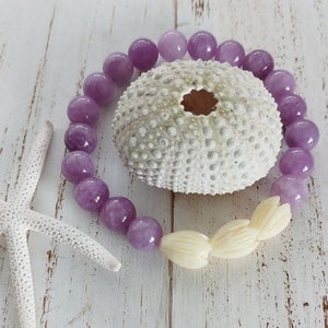 Pikake Beaded Bracelets | Purple Jade | Jasmine flower | Gemstone Beads | Stretchy Bracelet